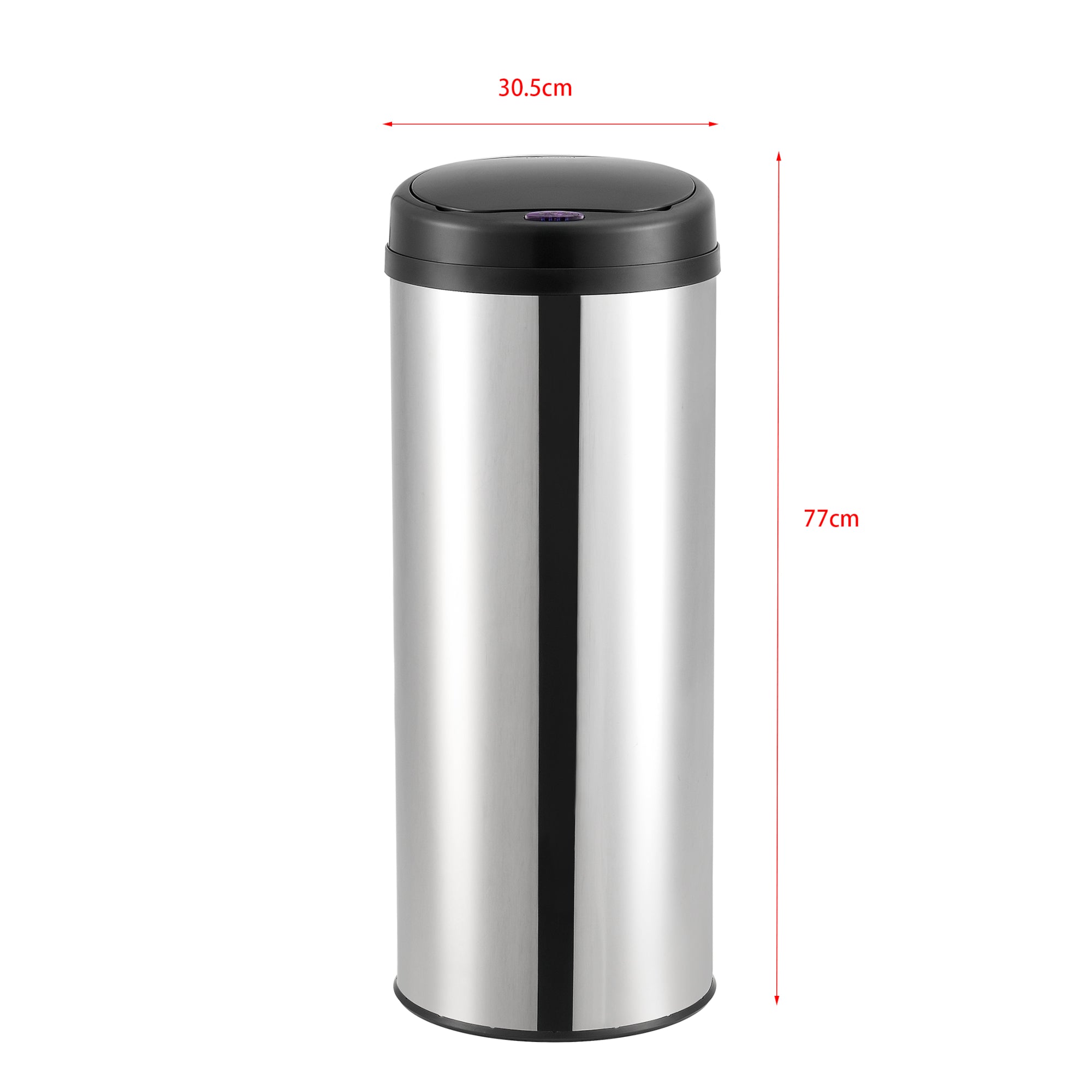 Pattumiera Automatica 47 L, Bidone Cilindrico in Acciaio Inox (AxØ) 77 x 30,5 cm Coperchio con Sensore di Movimento e