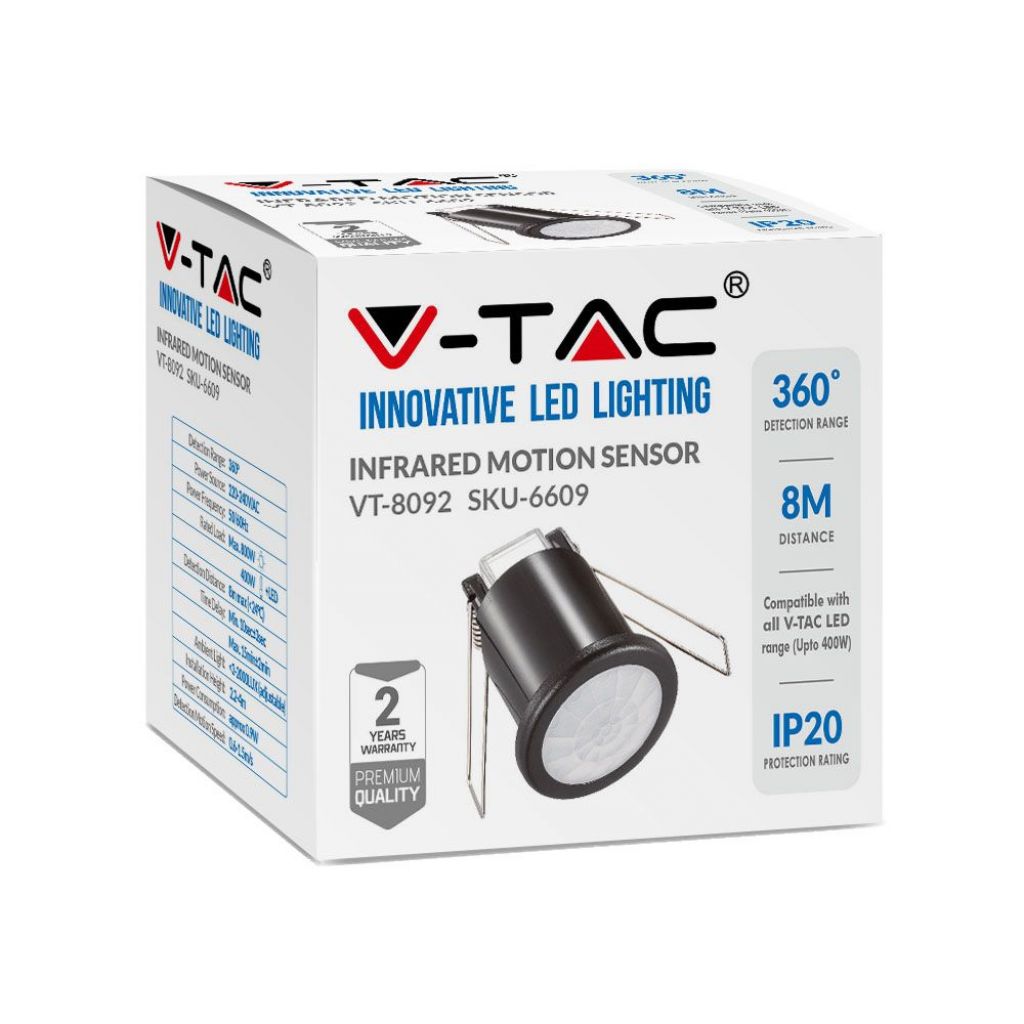 V-TAC VT-8092 Sensore di Movimento a Infrarossi 360° Montaggio a Incasso Colore Nero SKU 6609