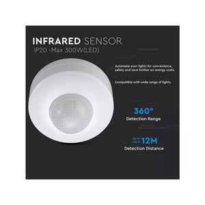 Sensore di Movimento a Infrarossi e Crepuscolare 360 Gradi Montaggio a Plafone Carcassa Bianca IP20 Manual Override SKU-1355