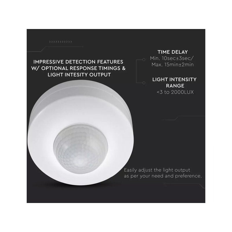 Sensore di Movimento a Infrarossi e Crepuscolare 360 Gradi Montaggio a Plafone Carcassa Bianca IP20 Manual Override SKU-1355