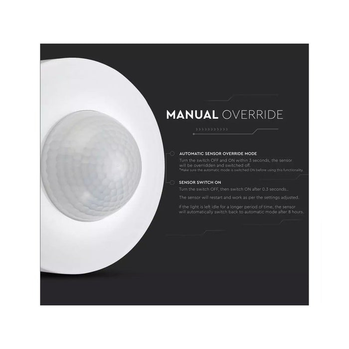 Sensore di Movimento a Infrarossi e Crepuscolare 360 Gradi Montaggio a Plafone Carcassa Bianca IP20 Manual Override SKU-1355