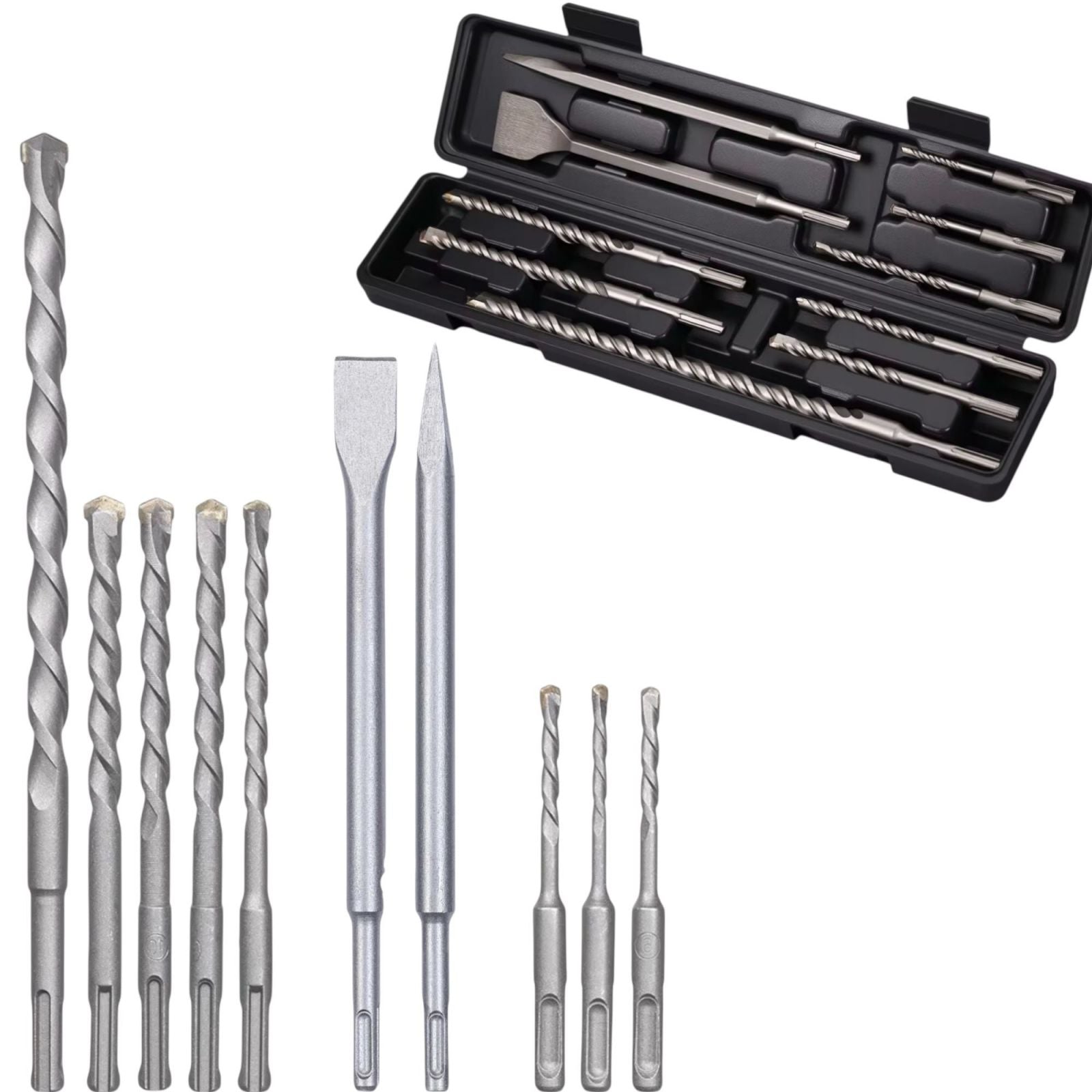 Set 10 PZ Punte Trapano SDS Plus Cemento Muro + 2 Scalpelli Piatti e a Punta