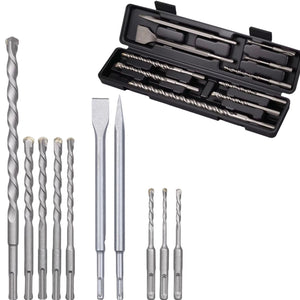 Set 10 PZ Punte Trapano SDS Plus Cemento Muro + 2 Scalpelli Piatti e a Punta