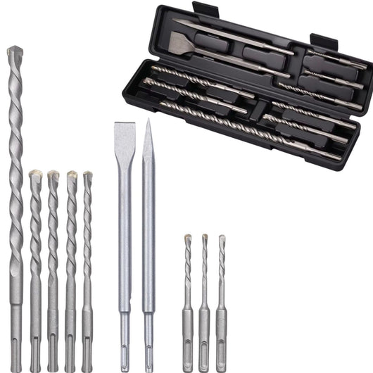 Set 10 PZ Punte Trapano SDS Plus Cemento Muro + 2 Scalpelli Piatti e a Punta