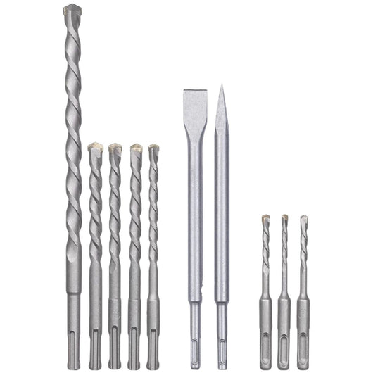 Set 10 PZ Punte Trapano SDS Plus Cemento Muro + 2 Scalpelli Piatti e a Punta