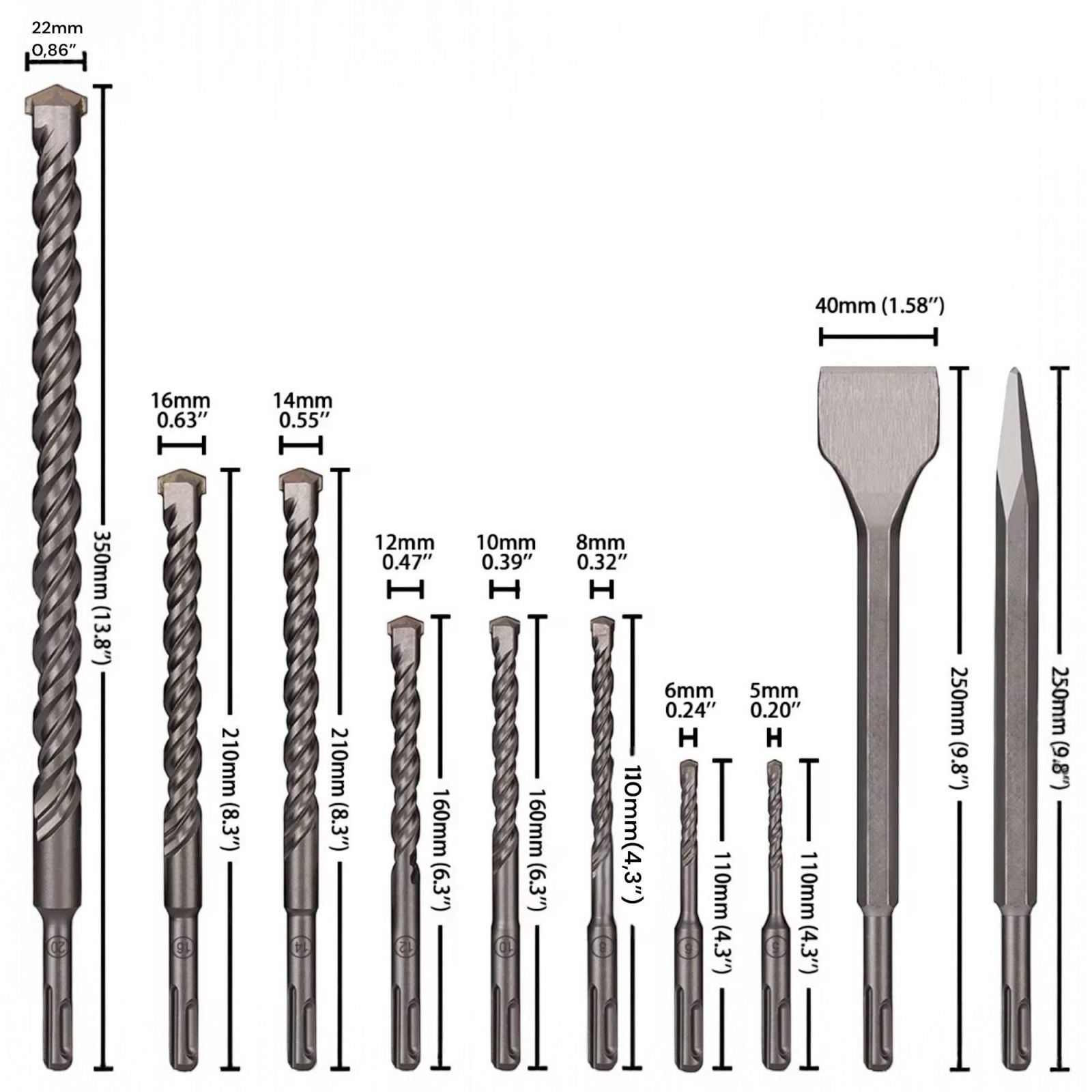 Set 10 PZ Punte Trapano SDS Plus Cemento Muro + 2 Scalpelli Piatti e a Punta