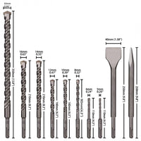Set 10 PZ Punte Trapano SDS Plus Cemento Muro + 2 Scalpelli Piatti e a Punta