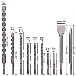 Set 10 PZ Punte Trapano SDS Plus Cemento Muro + 2 Scalpelli Piatti e a Punta