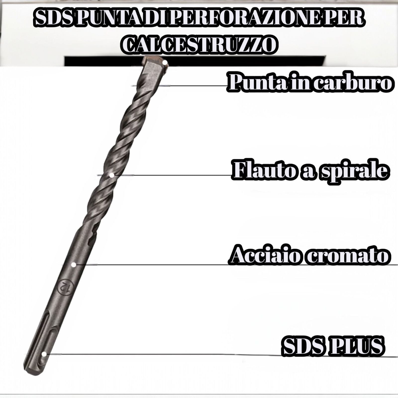 Set 10 PZ Punte Trapano SDS Plus Cemento Muro + 2 Scalpelli Piatti e a Punta