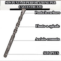 Set 10 PZ Punte Trapano SDS Plus Cemento Muro + 2 Scalpelli Piatti e a Punta