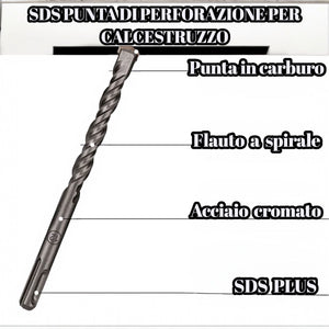 Set 10 PZ Punte Trapano SDS Plus Cemento Muro + 2 Scalpelli Piatti e a Punta