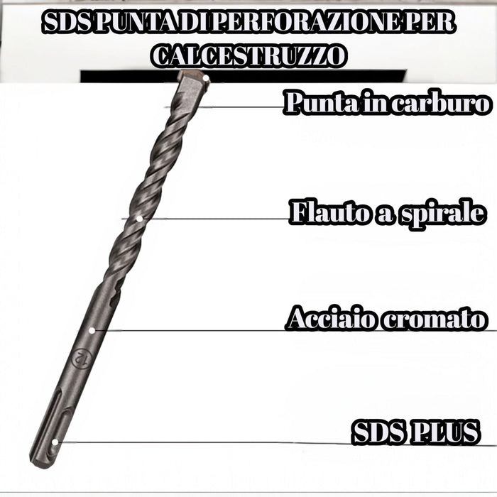 Set 10 PZ Punte Trapano SDS Plus Cemento Muro + 2 Scalpelli Piatti e a Punta