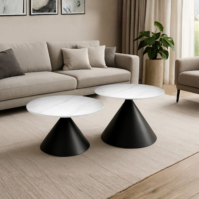 Set 2 tavolini da salotto basso Punto con piano effetto marmo bianco e gambe in metallo nero
