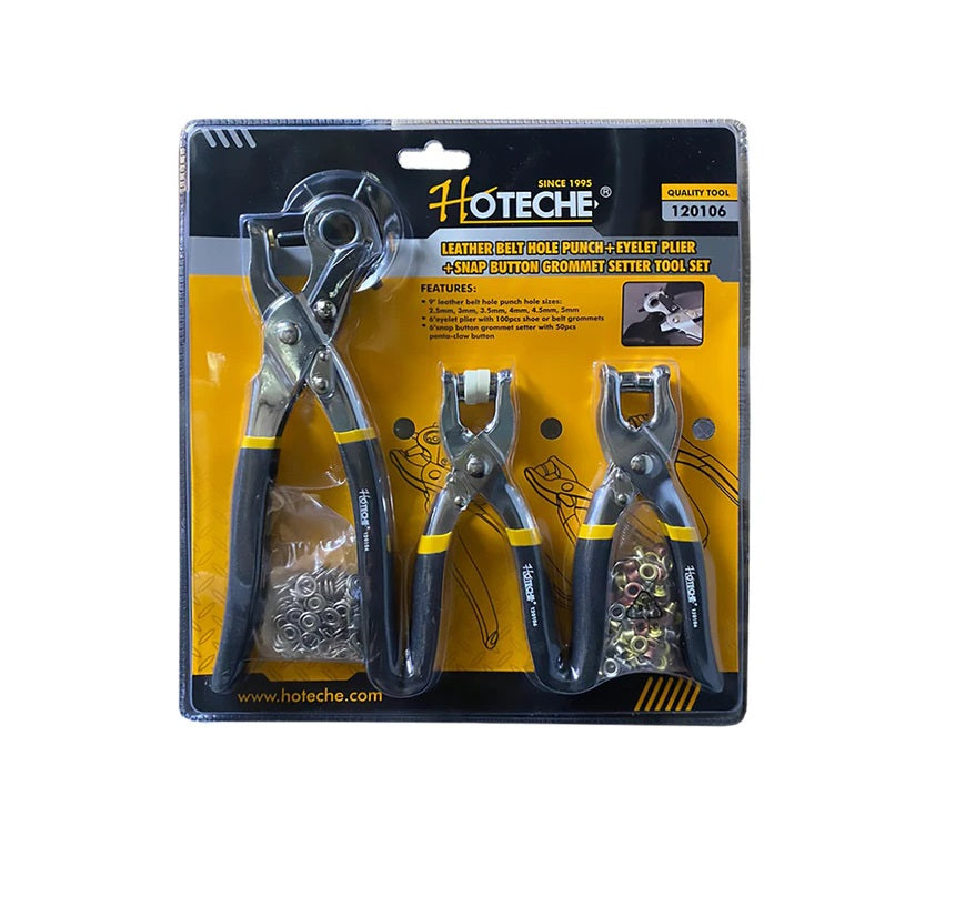 Set 3 Pinze Fustellatrice Occhiellatrice Cuoio Cintura +100 Occhielli 50 borchie