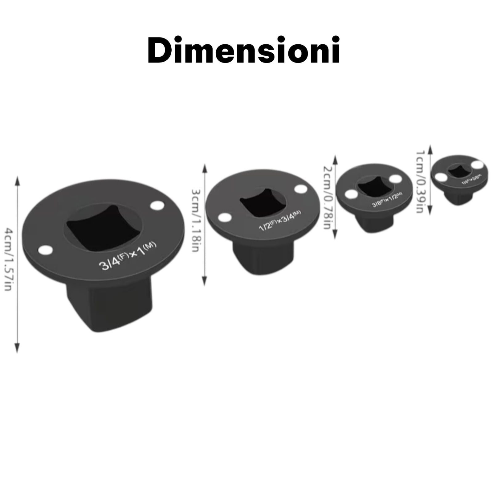 Set 4 Adattatori per Bussole a Basso Profilo 1/4–3/8–1/2–3/4–1 Pollice | FS-42201