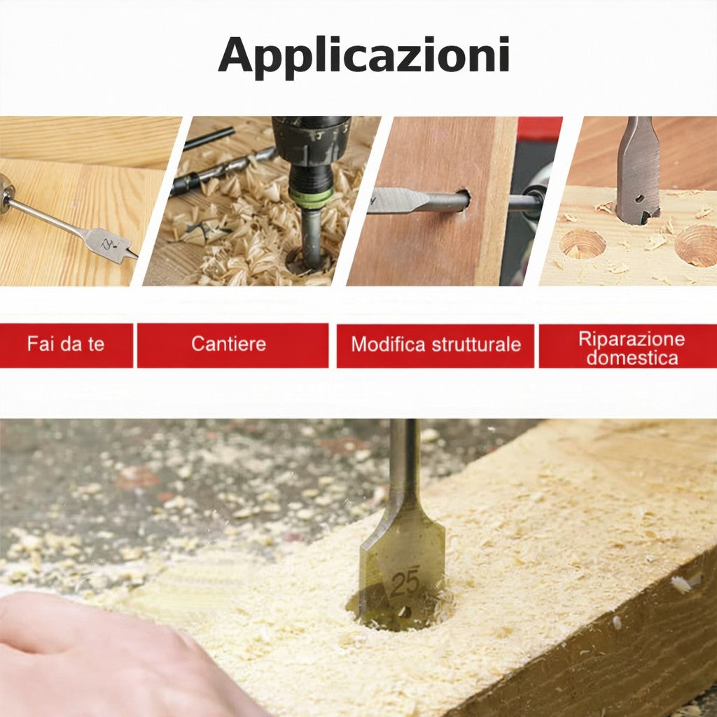 Set 6 Punte Piatte a Lancia Mecchie 10-25mm per Legno Cartongesso Gambo 1/4"