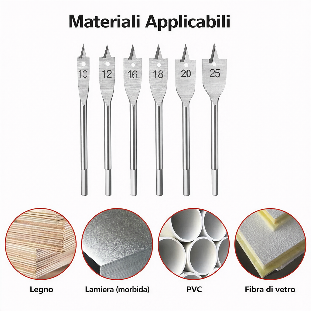 Set 6 Punte Piatte a Lancia Mecchie 10-25mm per Legno Cartongesso Gambo 1/4"