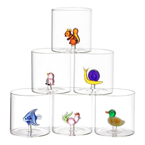 Set 6 bicchieri animaletti vetro borosilicato (anatra, pesce, gallo, scoiattolo, uccellino, lumaca)