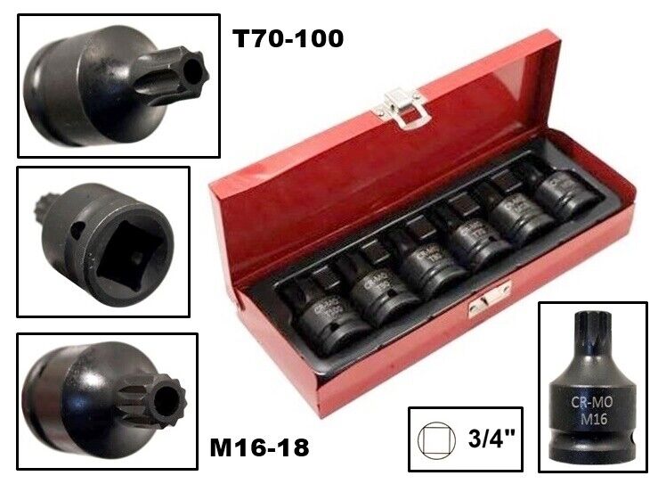 Set 6pz chiavi a bussola TORX IMPATTO 3/4" M16 M18 T70 T80 T90 T100 Art.07229