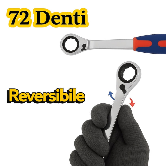 Set 9Pz Chiavi a Cricchetto Reversibili 8-22 mm 72 denti in CR-V manico ergonomico 07809