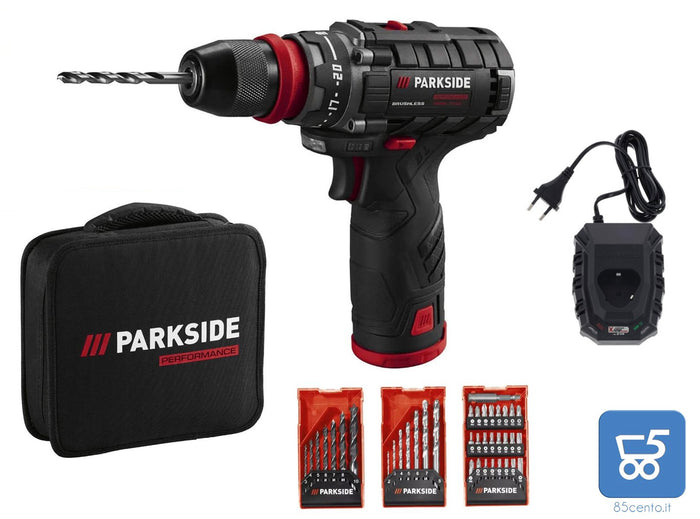 Set Avvitatore a Batteria 12V PARKSIDE PERFORMANCE PBSPA 12 E4 Brushless con Caricatore Batteria Litio 2A Punte Inserti e Accessori