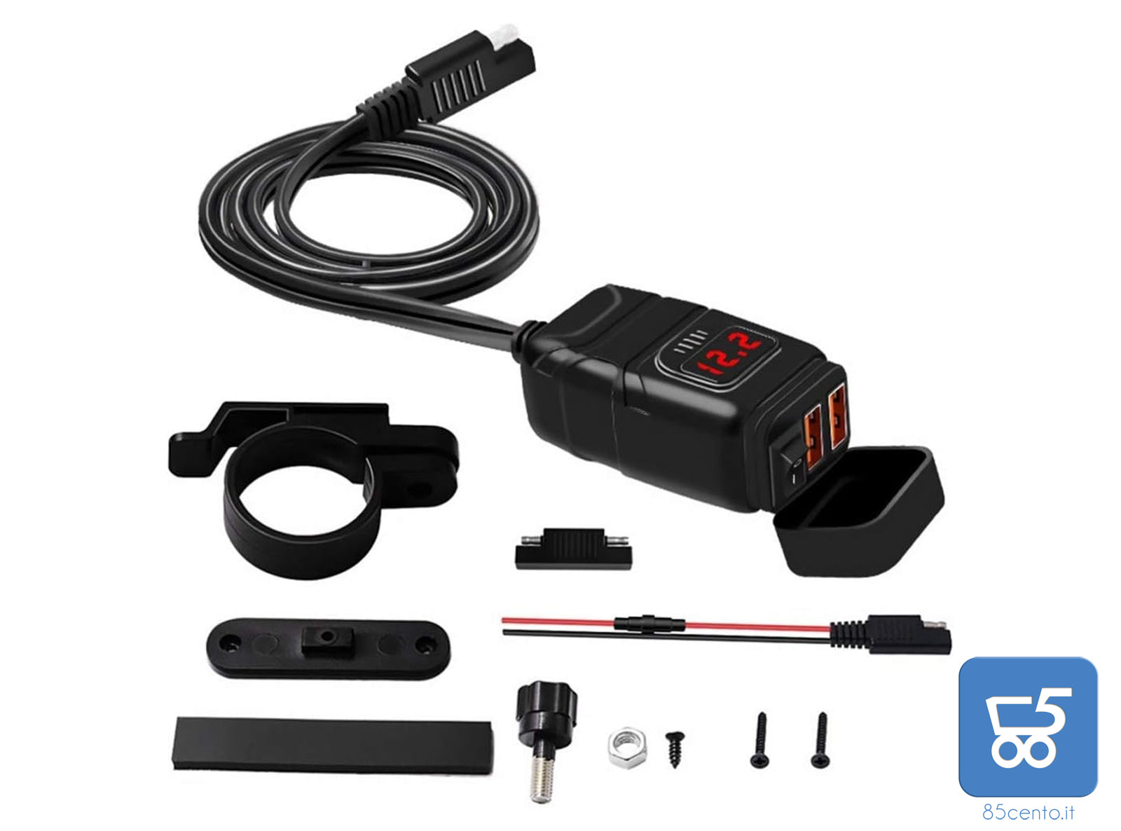 Set Caricabatterie con Spina Din 2 USB QC 3.0 per Auto Moto con Copertura Impermeabile