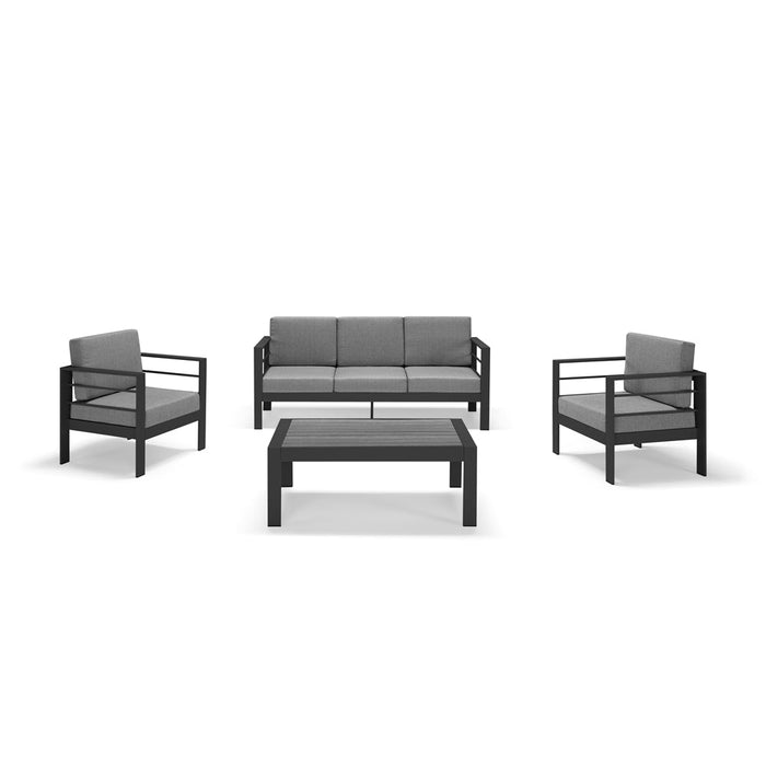 Set da giardino GARDENIA in alluminio, un divano 3 posti + 2 poltrone con cuscini sfoderabili + tavolino, per verande, giardini, terrazze colore Cenere