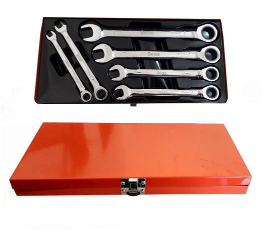 Set chiavi combinate a cricchetto 8 10 13 14 17 19 mm cromo vanadium in valigia