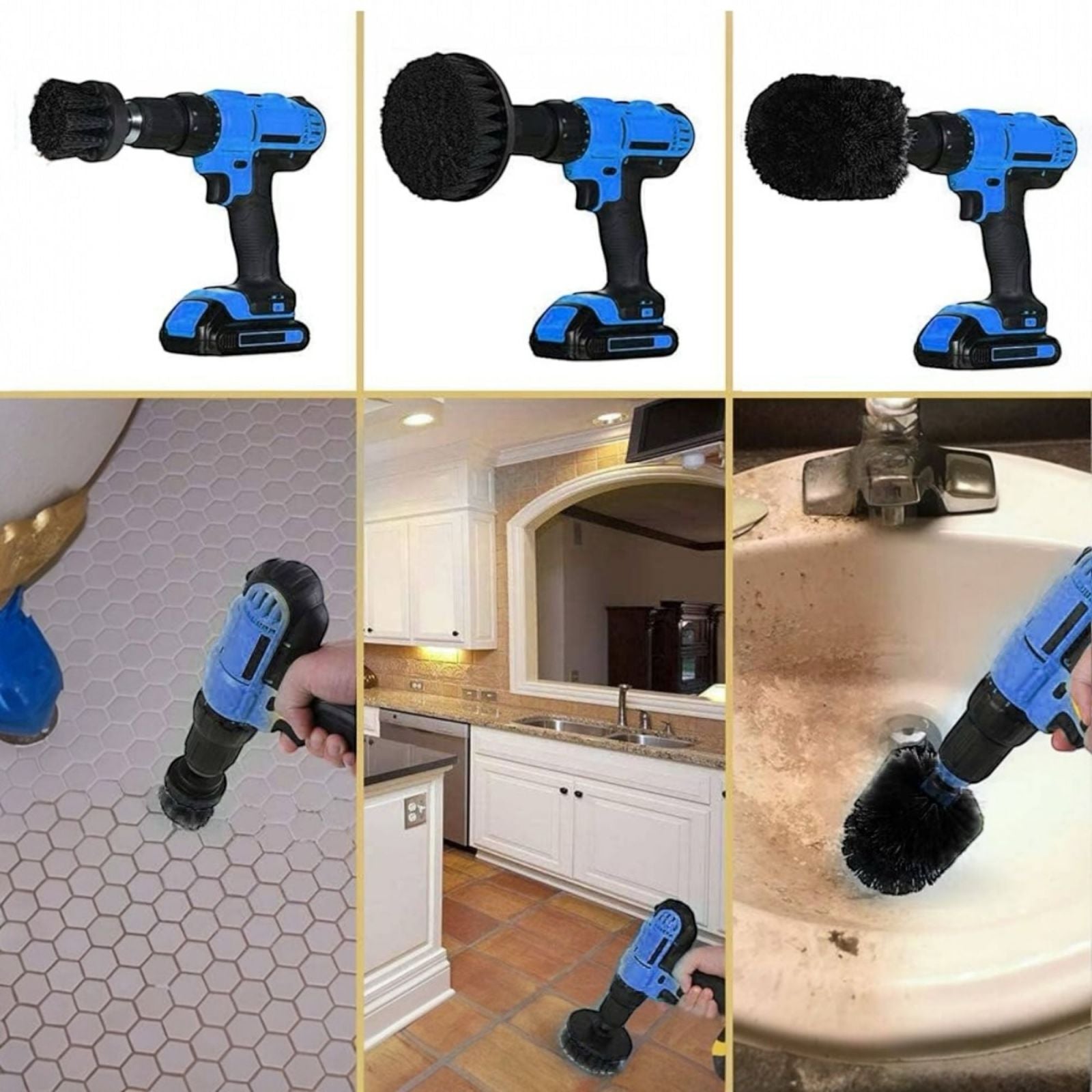 Set di 3 Spazzole per Trapano Elettrico Per pulizia Cucina Piastrelle Cerchioni