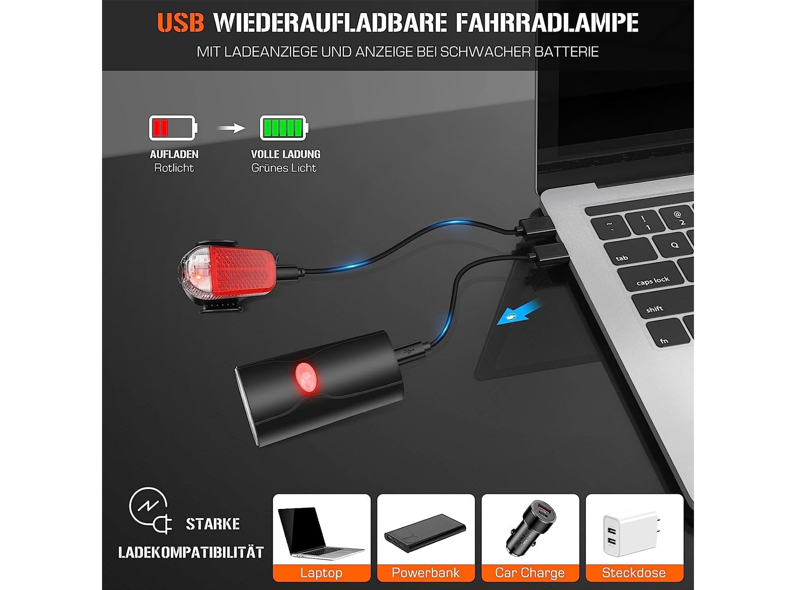 Set di Luci LED per Bicicletta Anteriori e Posteriori Impermeabili e Ricaricabili Tramite USB in Dotazione