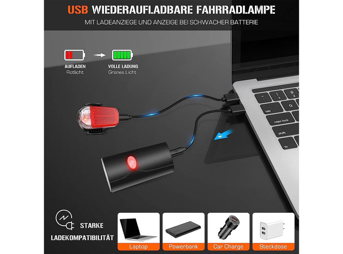 Set di Luci LED per Bicicletta Anteriori e Posteriori Impermeabili e Ricaricabili Tramite USB in Dotazione