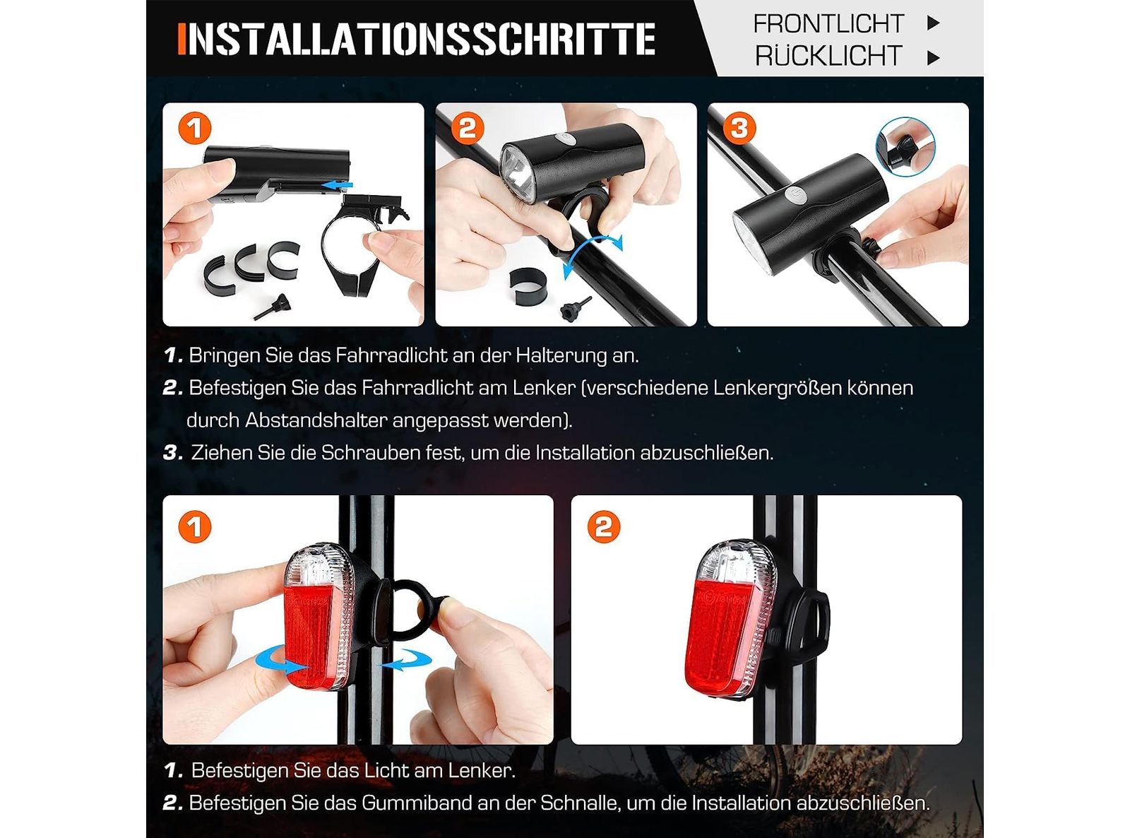 Set di Luci LED per Bicicletta Anteriori e Posteriori Impermeabili e Ricaricabili Tramite USB in Dotazione
