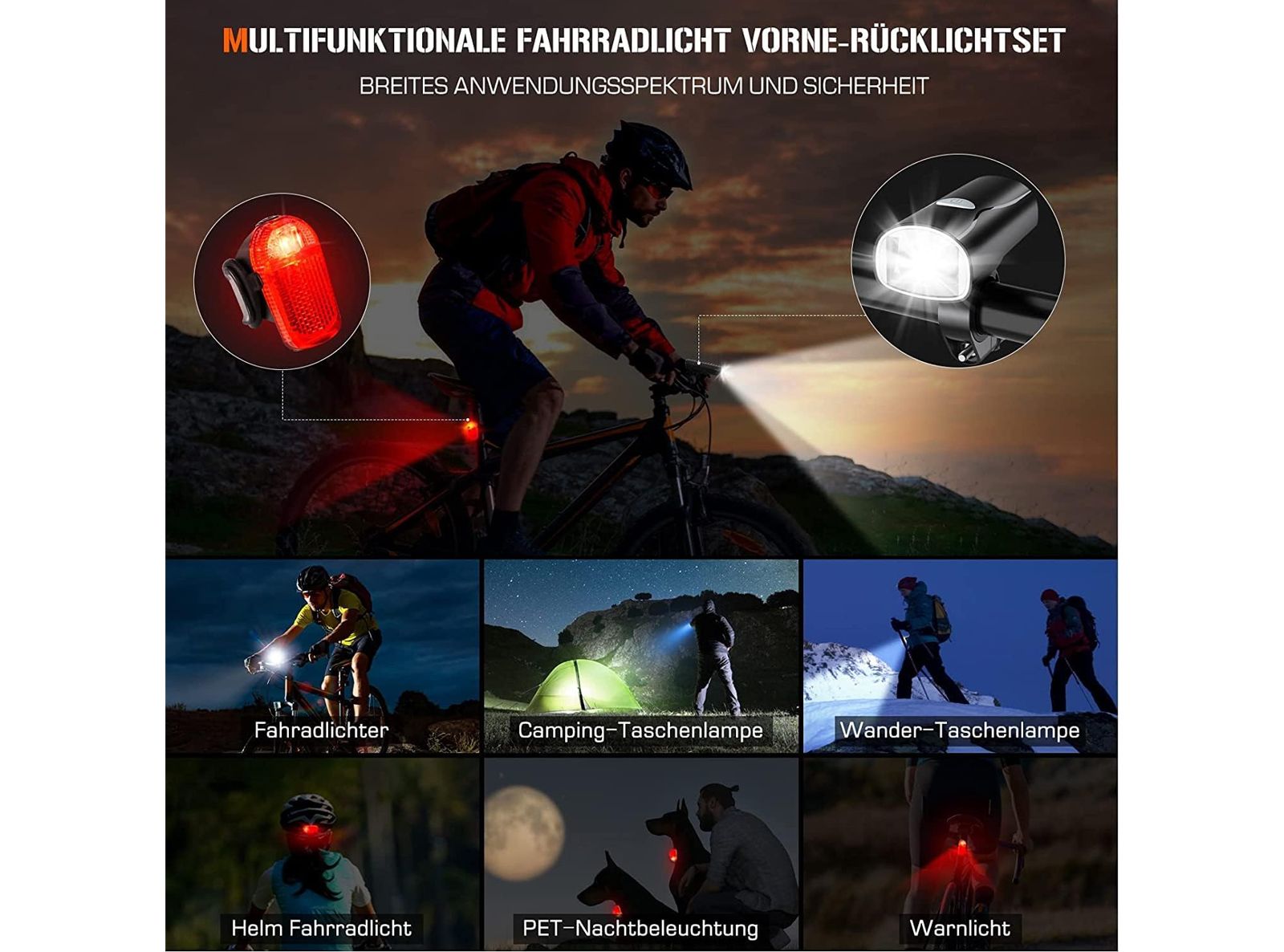 Set di Luci LED per Bicicletta Anteriori e Posteriori Impermeabili e Ricaricabili Tramite USB in Dotazione