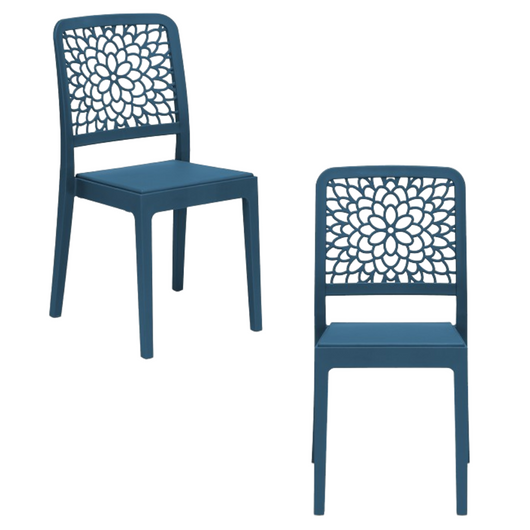 Set 2 sedie in polipropilene TICHE, 100% MADE IN ITALY, impilabile, idrorepellente, resistenza raggi UV, design moderno floreale per sala da pranzo, cucina, bar, ristoranti, esterno, colore Petrolio