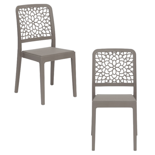 Set 2 sedie in polipropilene TICHE, 100% MADE IN ITALY, impilabile, idrorepellente, resistenza raggi UV, design moderno floreale per sala da pranzo, cucina, bar, ristoranti, esterno, colore Tortora