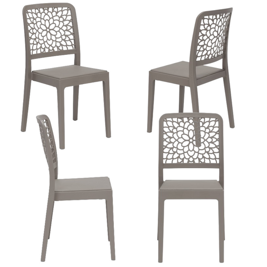 Set 4 sedie in polipropilene TICHE, 100% MADE IN ITALY, impilabile, idrorepellente, resistenza raggi UV, design moderno floreale per sala da pranzo, cucina, bar, ristoranti, esterno, colore Tortora