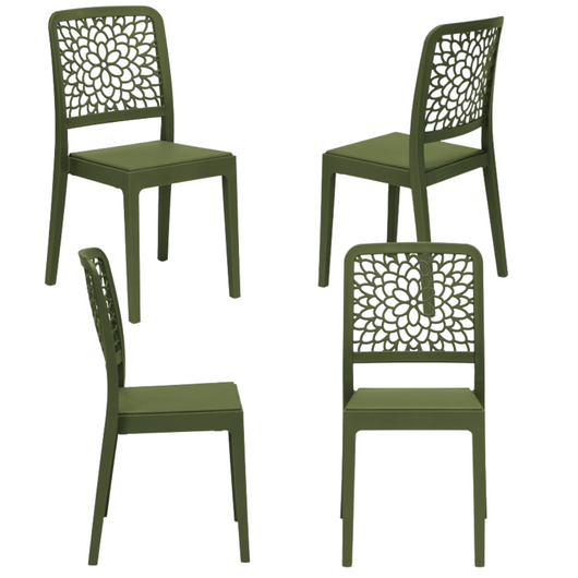 Set 4 sedie in polipropilene TICHE, 100% MADE IN ITALY, impilabile, idrorepellente, resistenza raggi UV, design moderno floreale per sala da pranzo, cucina, bar, ristoranti, esterno, colore Verde Oliva