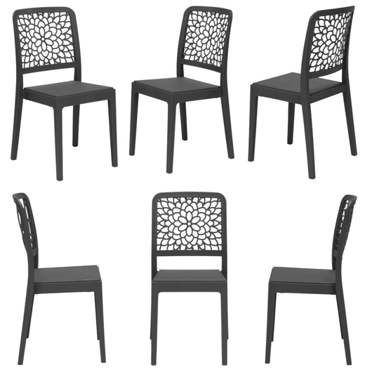 Set 6 sedie in polipropilene TICHE, 100% MADE IN ITALY, impilabile, idrorepellente, resistenza raggi UV, design moderno floreale per sala da pranzo, cucina, bar, ristoranti, esterno, colore Antracite