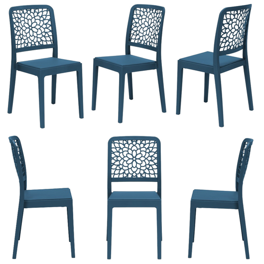 Set 6 sedie in polipropilene TICHE, 100% MADE IN ITALY, impilabile, idrorepellente, resistenza raggi UV, design moderno floreale per sala da pranzo, cucina, bar, ristoranti, esterno, colore Petrolio