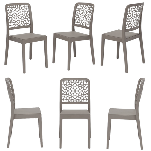 Set 6 sedie in polipropilene TICHE, 100% MADE IN ITALY, impilabile, idrorepellente, resistenza raggi UV, design moderno floreale per sala da pranzo, cucina, bar, ristoranti, esterno, colore Tortora
