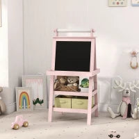 Lavagna per Bambini con Cavalletto 3 in 1, Rotolo di Carta e 2 Contenitori, in Legno, 59x48x118 cm, Rosa