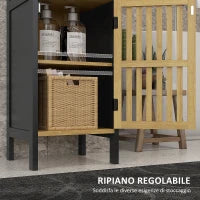 Mobiletto Bagno con Ripiano Aperto e Armadietto, in MDF e Bambù, 32x30x90.5 cm, Nero e color Legno