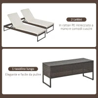 3pz Componibile 2 Lettino Prendisole da Giardino (60 x 195 x 86cm) e 1 Tavolino (121 x 40 x 50cm) Rattan con Materassini, Marrone e Bianco Crema