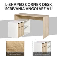 Scrivania Angolare, Scrivania ad Angolo per Computer da Camera o Ufficio, Scrivania Salvaspazio in Legno, Rovere e Bianco