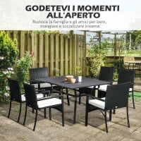 Set da Giardino 7 Pezzi in Rattan PE con Tavolo da Pranzo 150x90x72 cm e 6 Sedie 58x62x87 cm con Cuscini