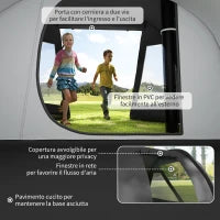 Tenda da Campeggio 3 Posti con 2 Stanze Interne con Finestre e Coperture, 475x264x172 cm, Nero