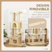 Albero Tiragraffi per Gatti Alto 136 cm con Cuccia Rimovibile, Casetta e Lettino, Pali in Iuta, Beige