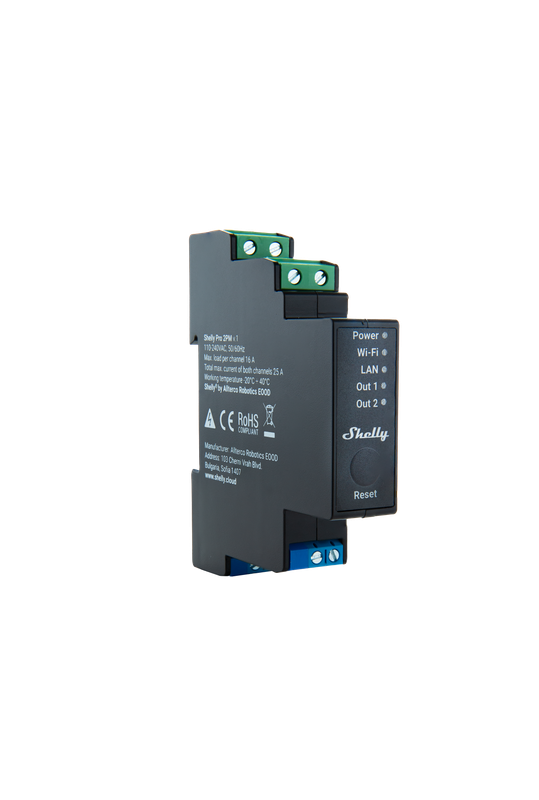 SHELLY PRO 2PM rel√® montabile su guida DIN, 2 canali, Wi-Fi, LAN e Bluetooth, controllo tapparelle, controllo consumi