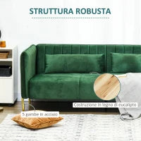 Divano 3 Posti Moderno con Cuscini Imbottiti, Gambe in Acciaio e Tessuto Vellutato, 200x88x76 cm, Verde