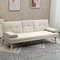 Divano Letto 3 Posti Reclinabile con Rivestimento Effetto Lino e Tavolino a Ribalta, Beige